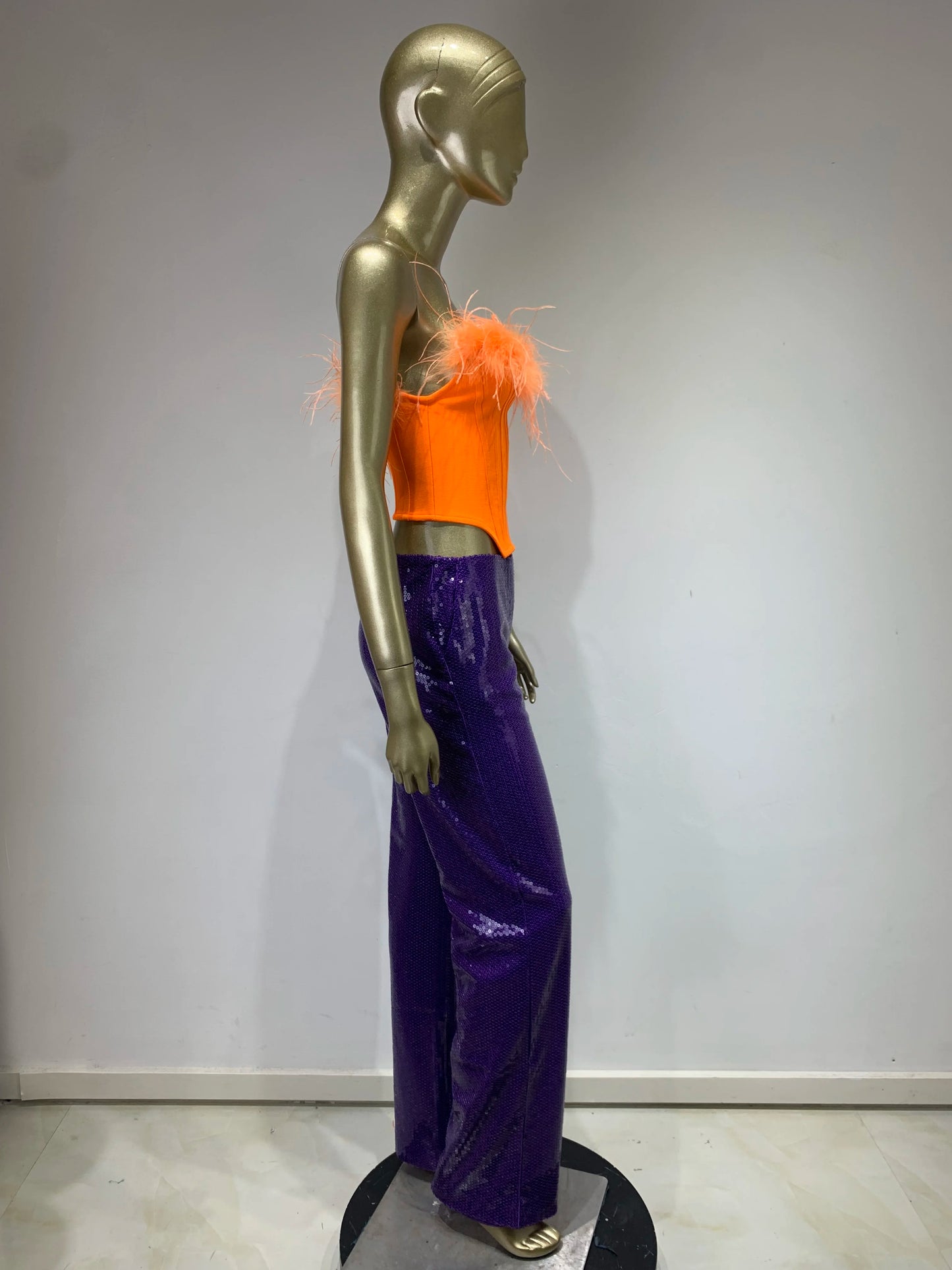 Strapless Feather Two Piece Jumpsuit Orange Purple HV9937