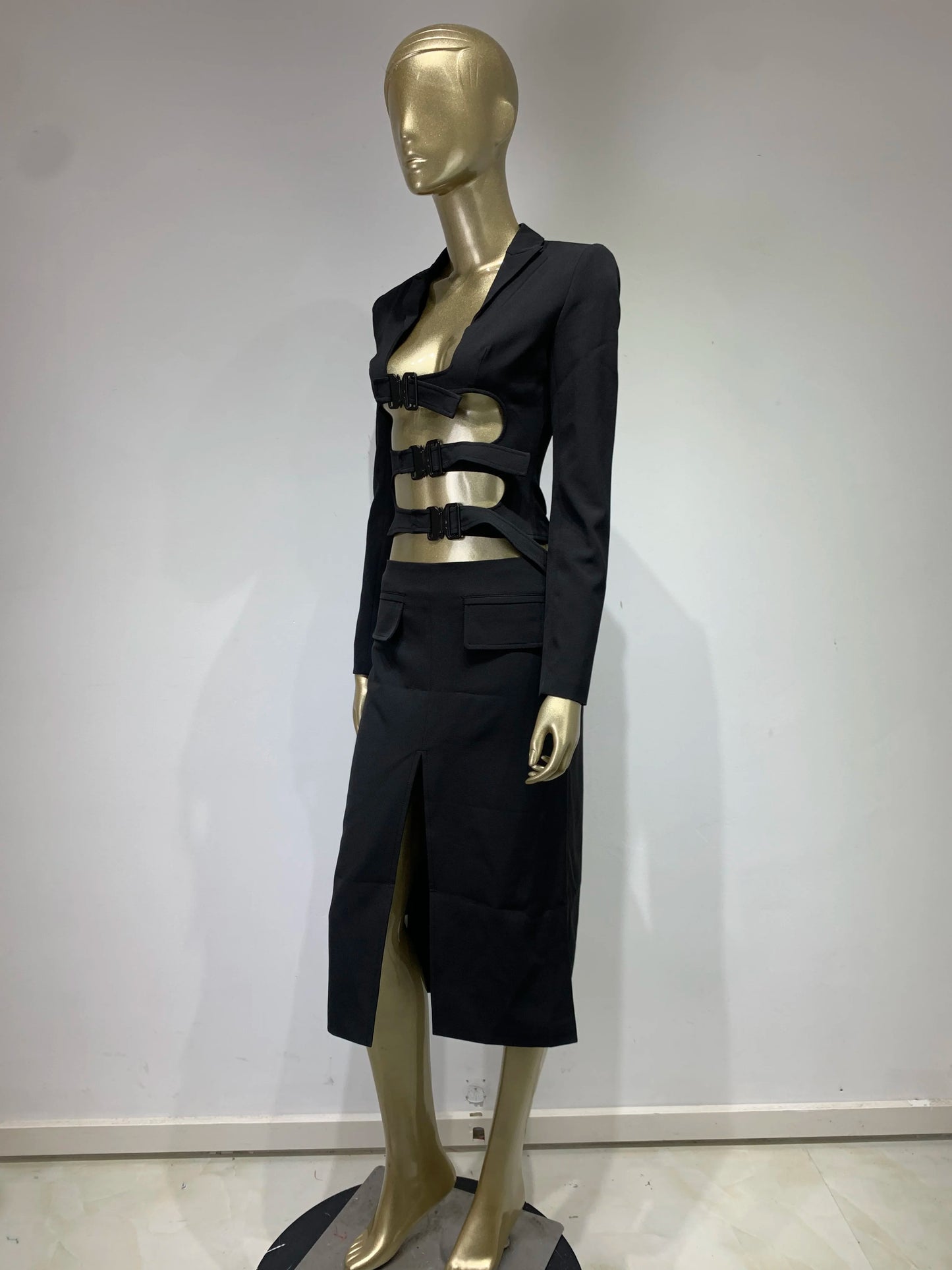 Long Sleeve Buckle Detail Midi Coat Dress Black HV9939