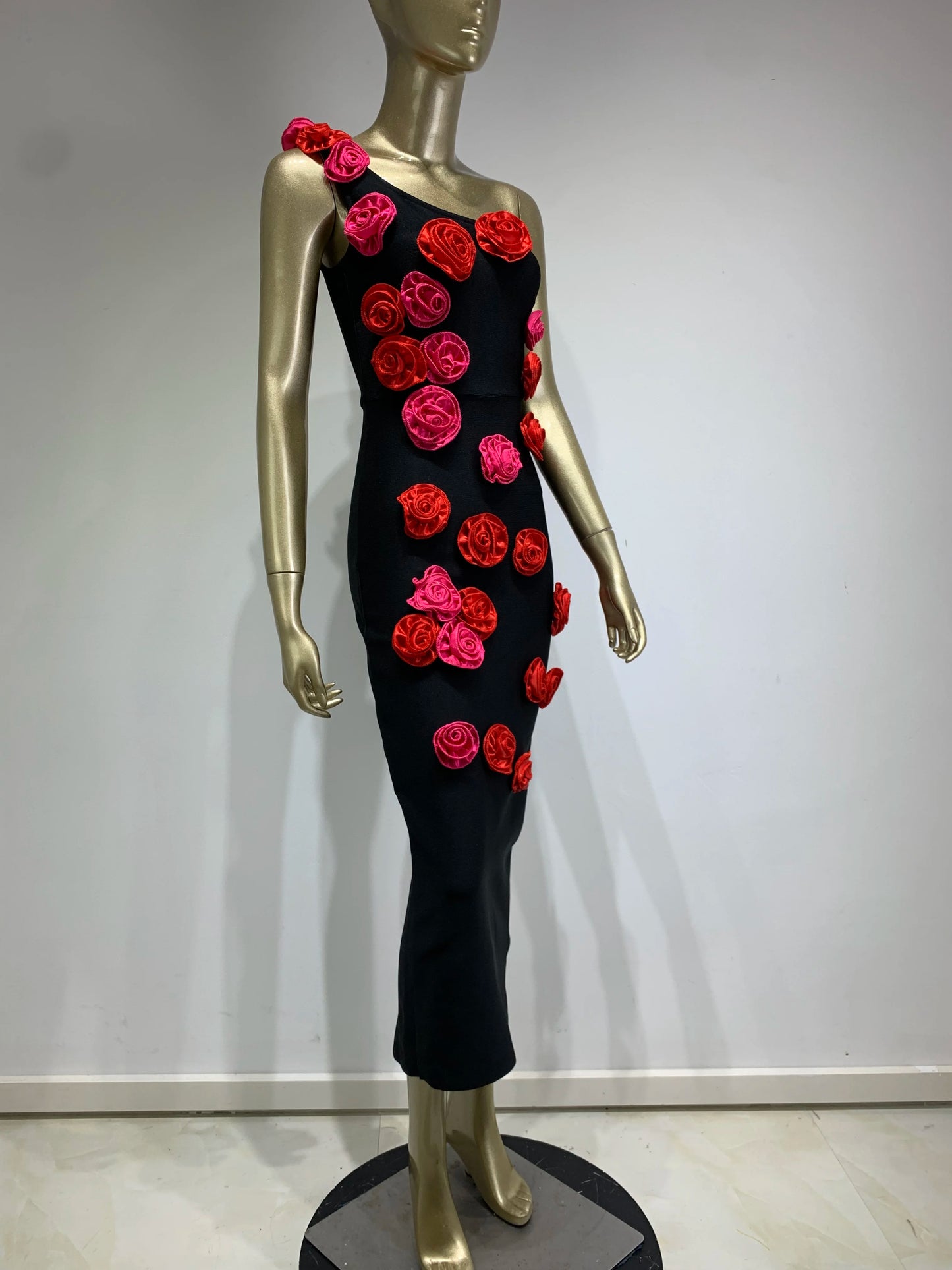 One Shoulder Rose Detail Midi Dress Black HV1094