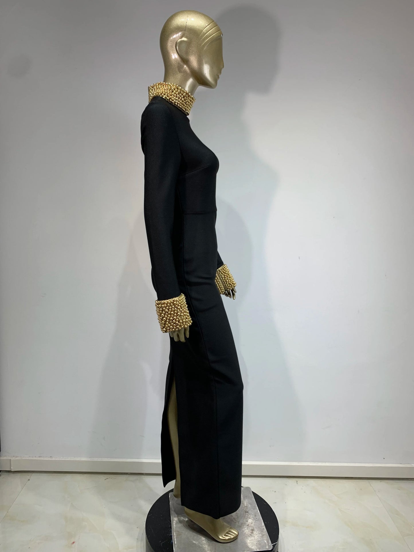 Long Sleeve Embellished Backless Maxi Dress Black HV1739