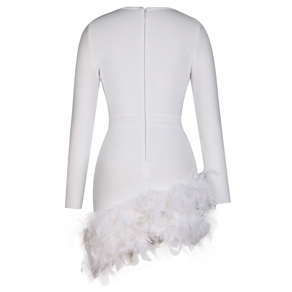 Long Sleeve Rhinestone Feather Dress HV9215