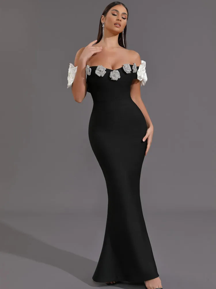 Floral Bardot Maxi Dress Black White HV1469