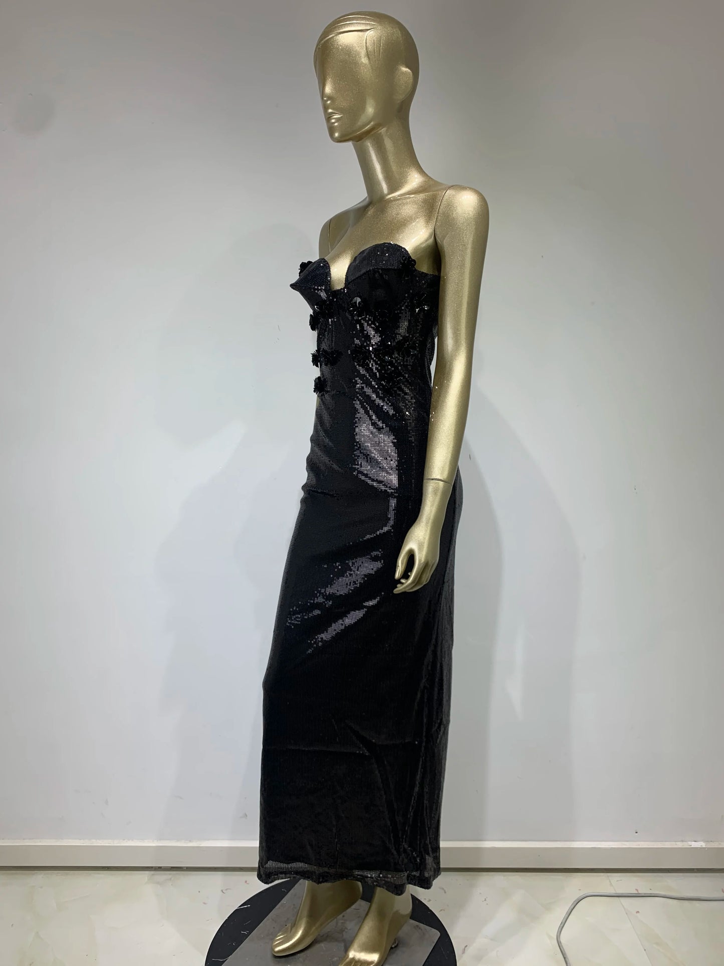 Strapless Bustier Detail Sequin Maxi Dress Black HV9722