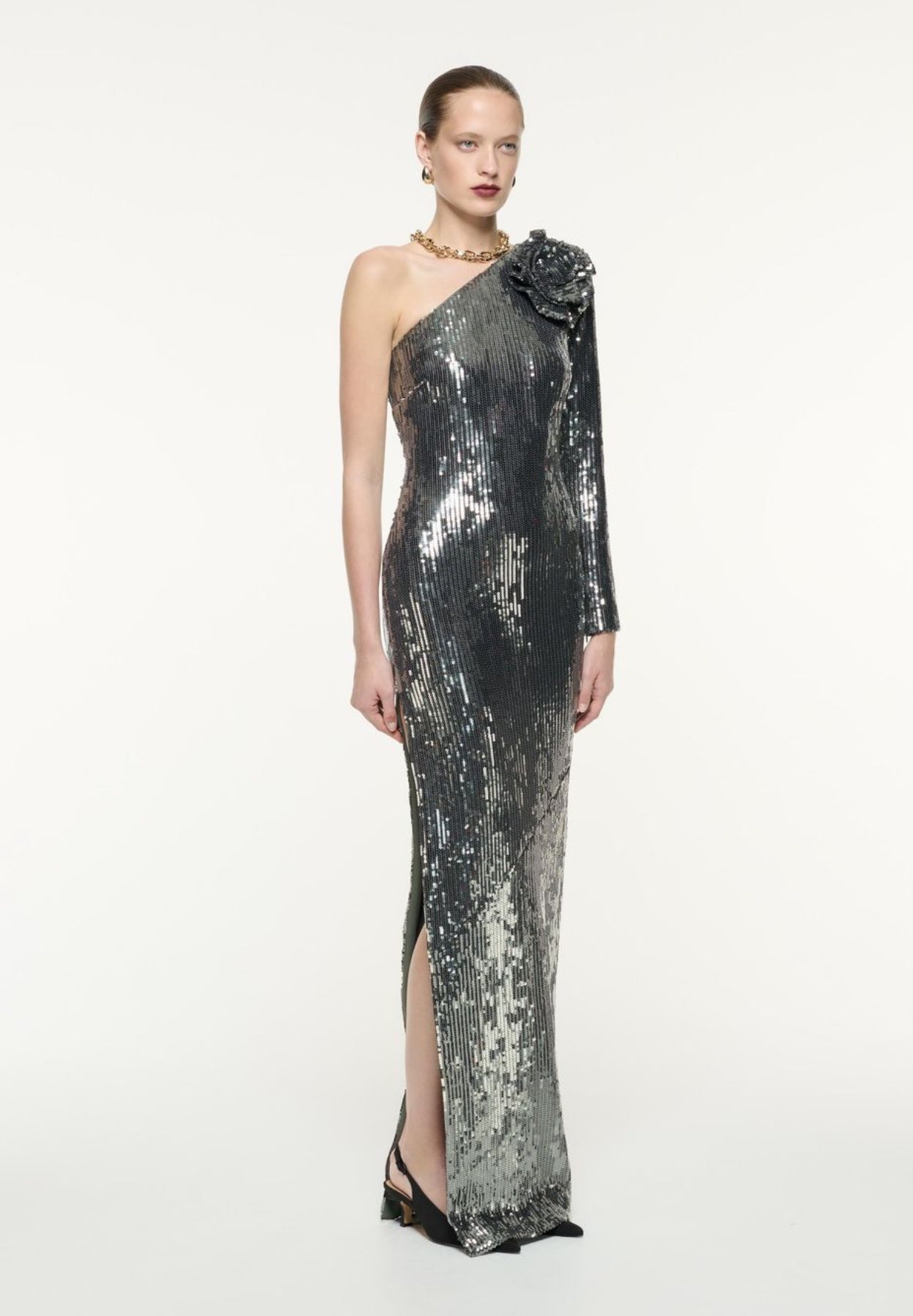 Long Sleeve Floral Sequin Maxi Dress Silver HV1084
