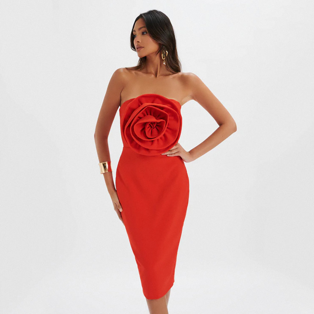Strapless Flower Detail Midi Dress Red HV1587