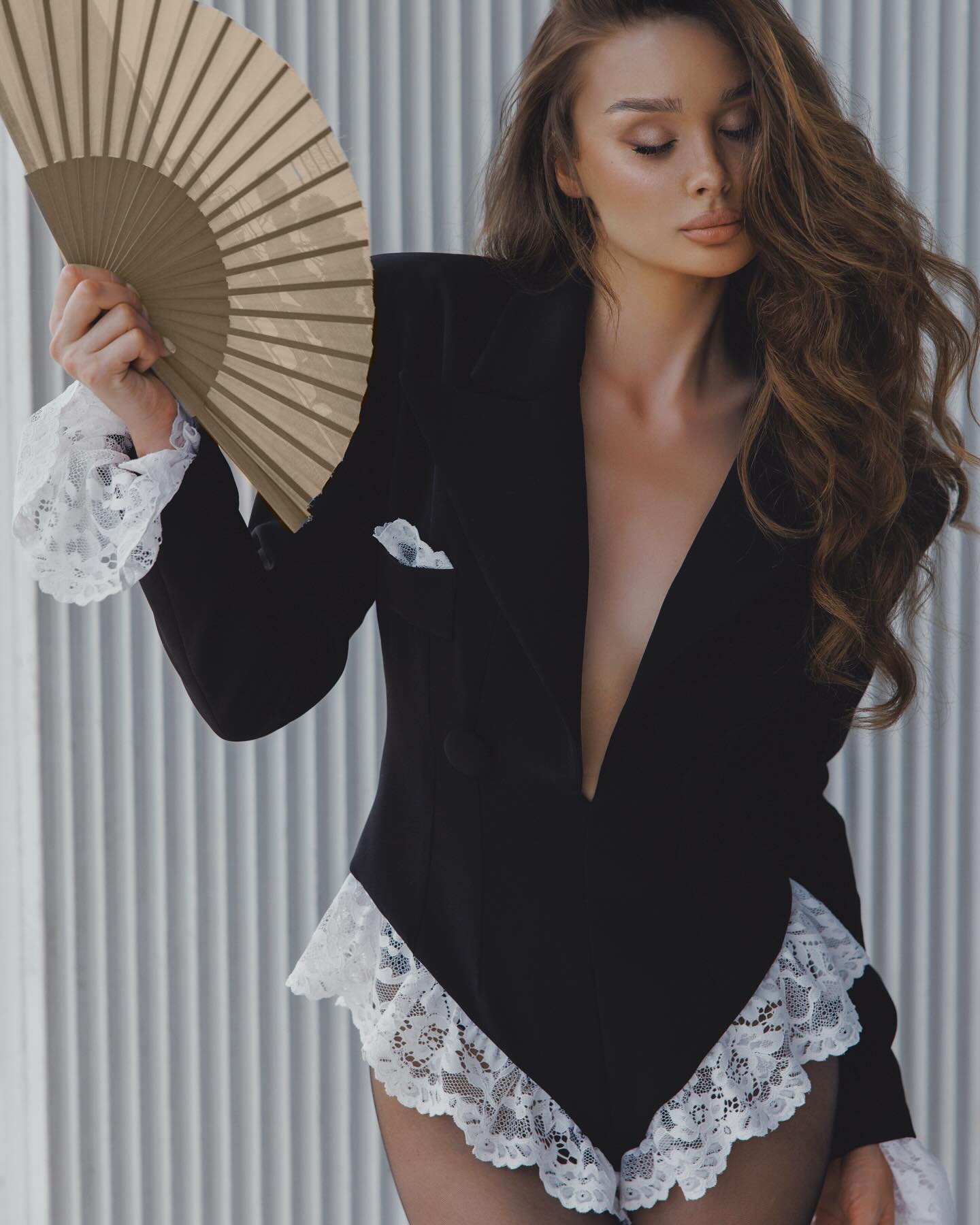 Long Sleeve Lace Bodysuit Black White HV1748