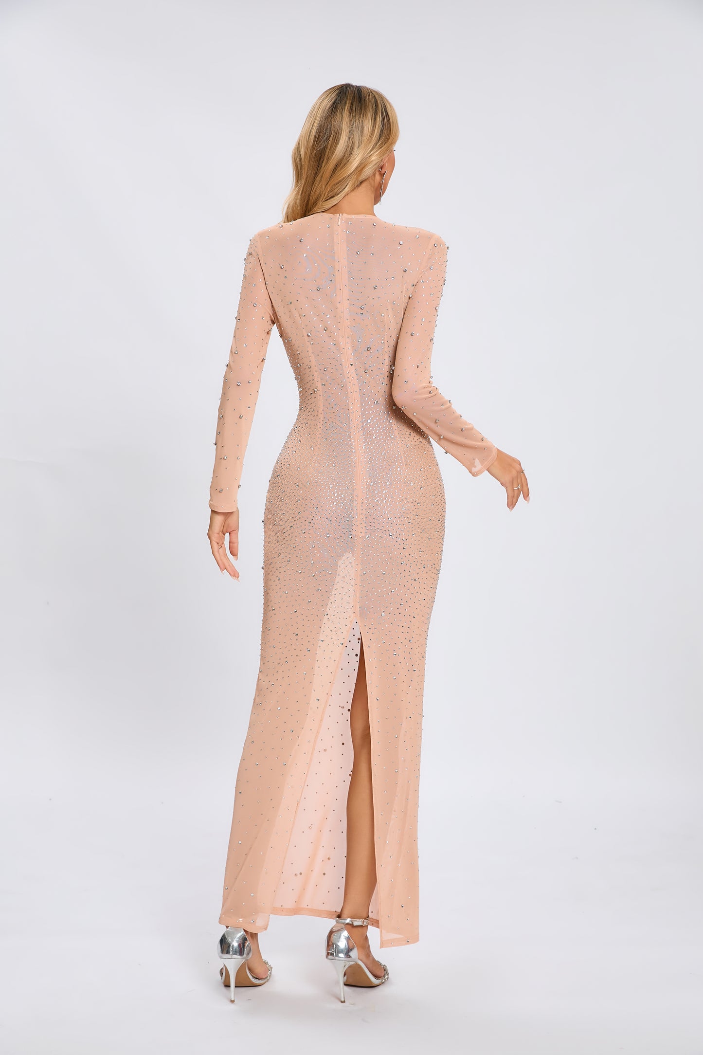 Long Sleeve Crystal Mesh Maxi Dress Nude HV2085