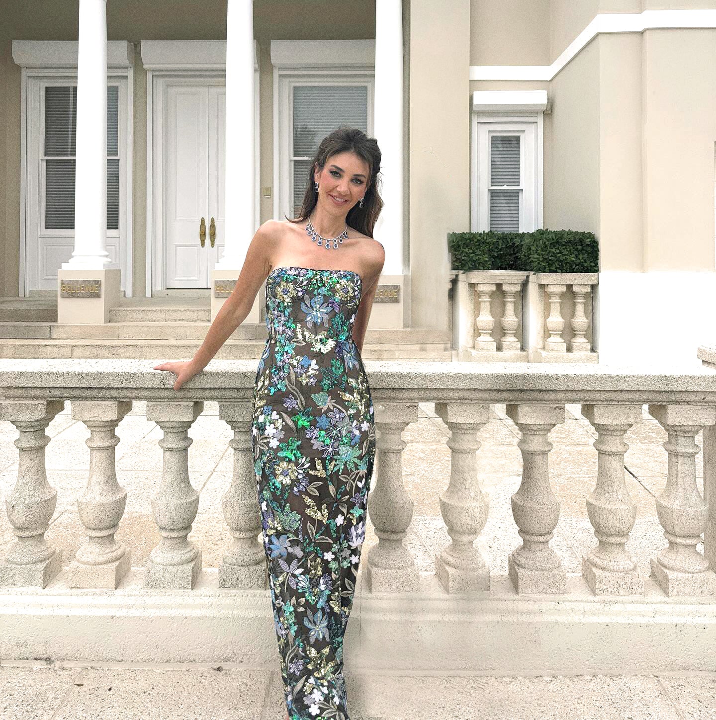 Strapless Sequin Floral Lace Maxi Dress Green HV1152