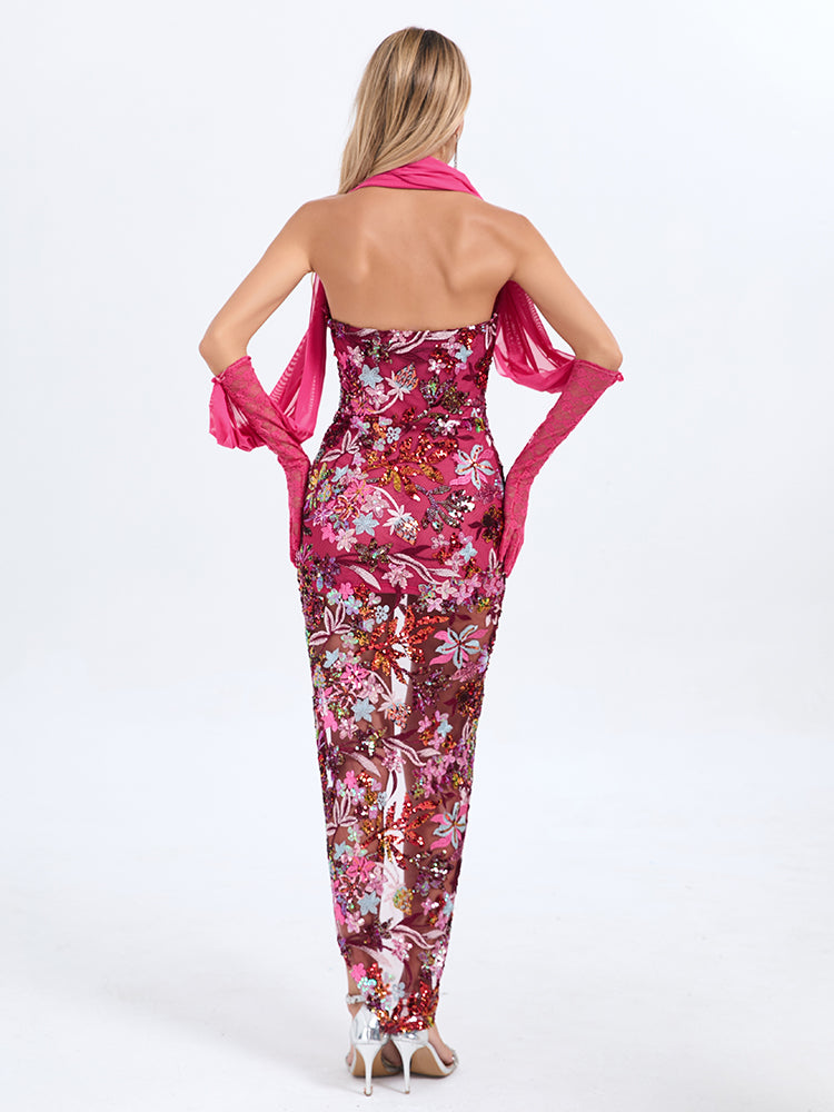Strapless Sequin Floral Embroidered Maxi Dress HV1661