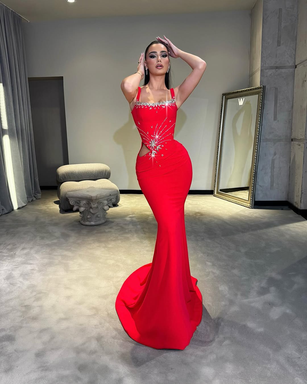 Crystal Draped Maxi Dress Red
