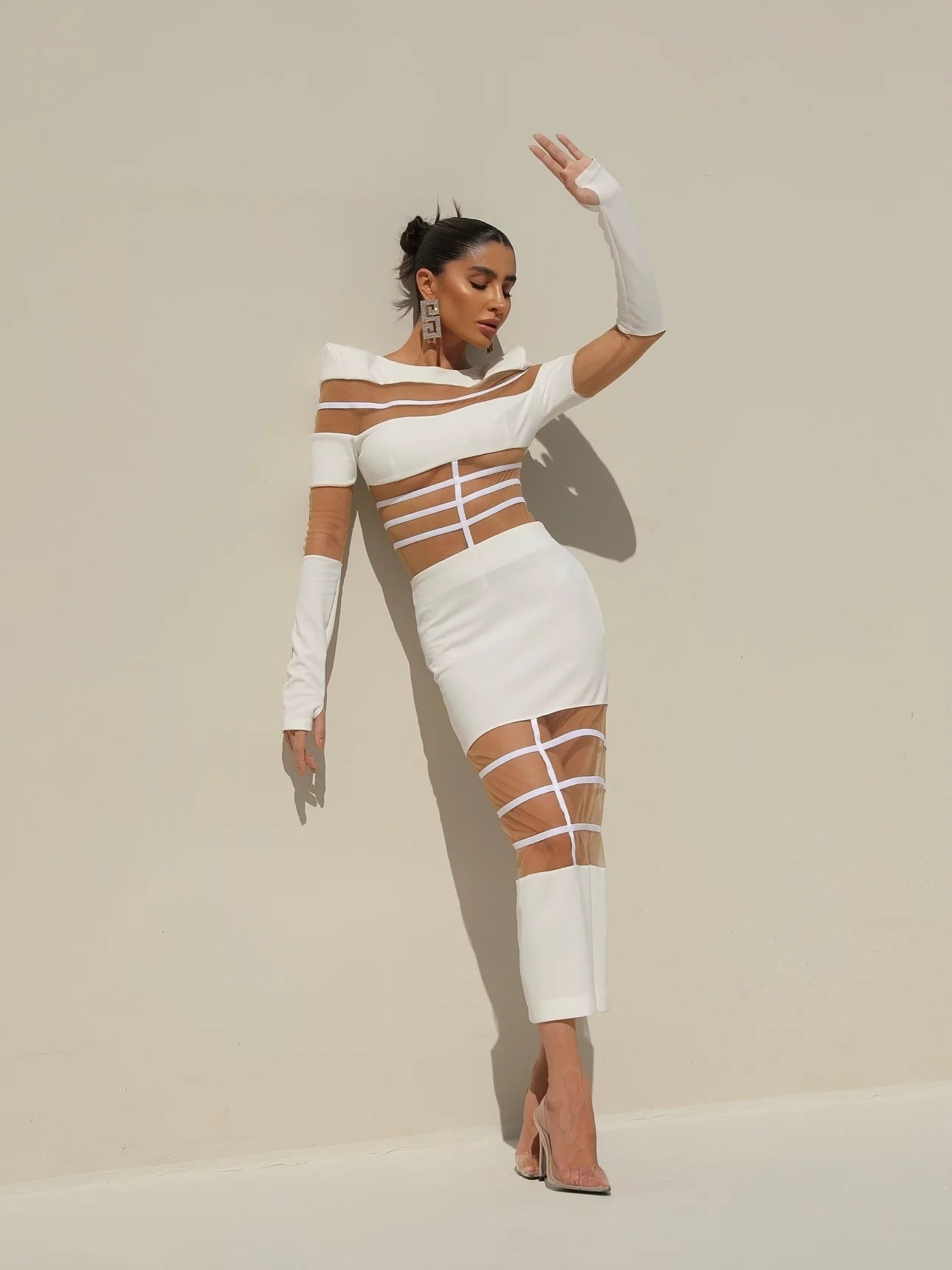 Long Sleeve Mesh Insert Midi Dress HV1502