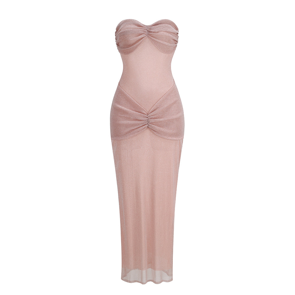 Strapless Ruched Sparkly Maxi Dress HV1673