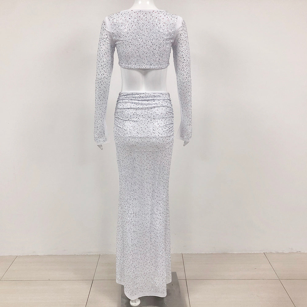 Long Sleeve Crystal Two Piece Maxi Dress Silver HV1569