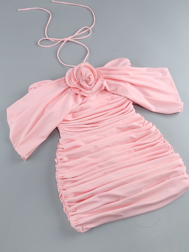 Halter Floral Detail Draped Dress Pink HV1589