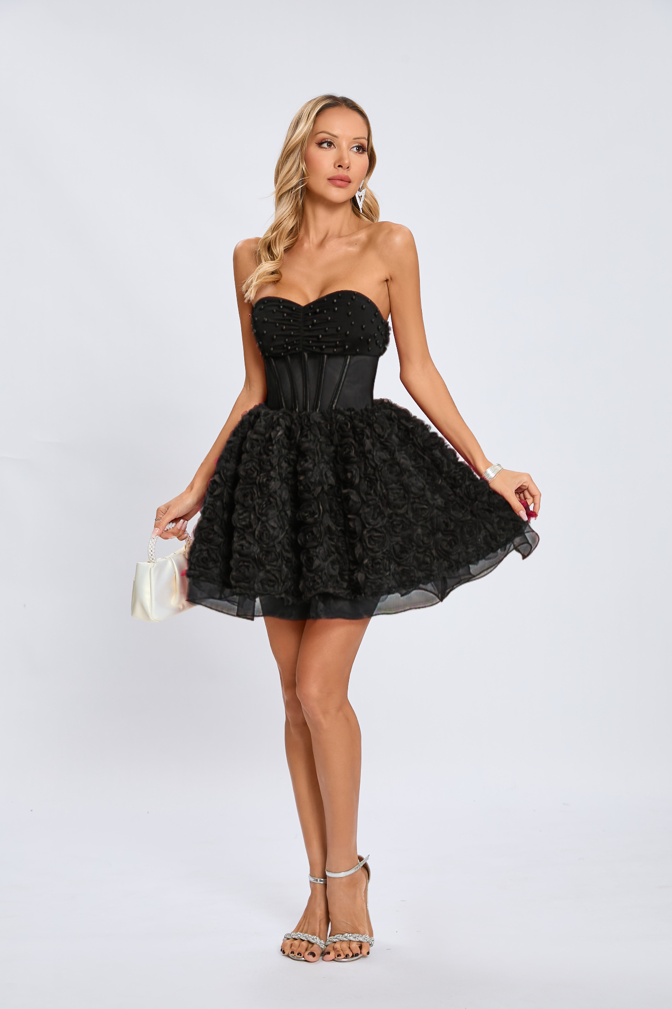 Strapless 3D Floral A Line Dress Black HV2156