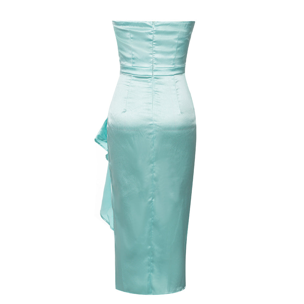 Strapless Draped Midi Silk Dress Green HV9379