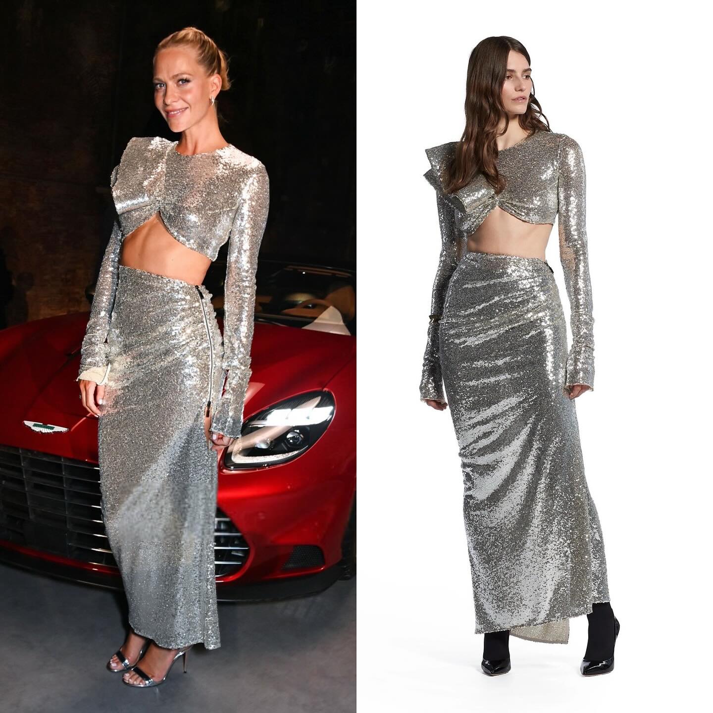 Long Sleeve Sequin Maxi Two Piece Dress Silver HV1976
