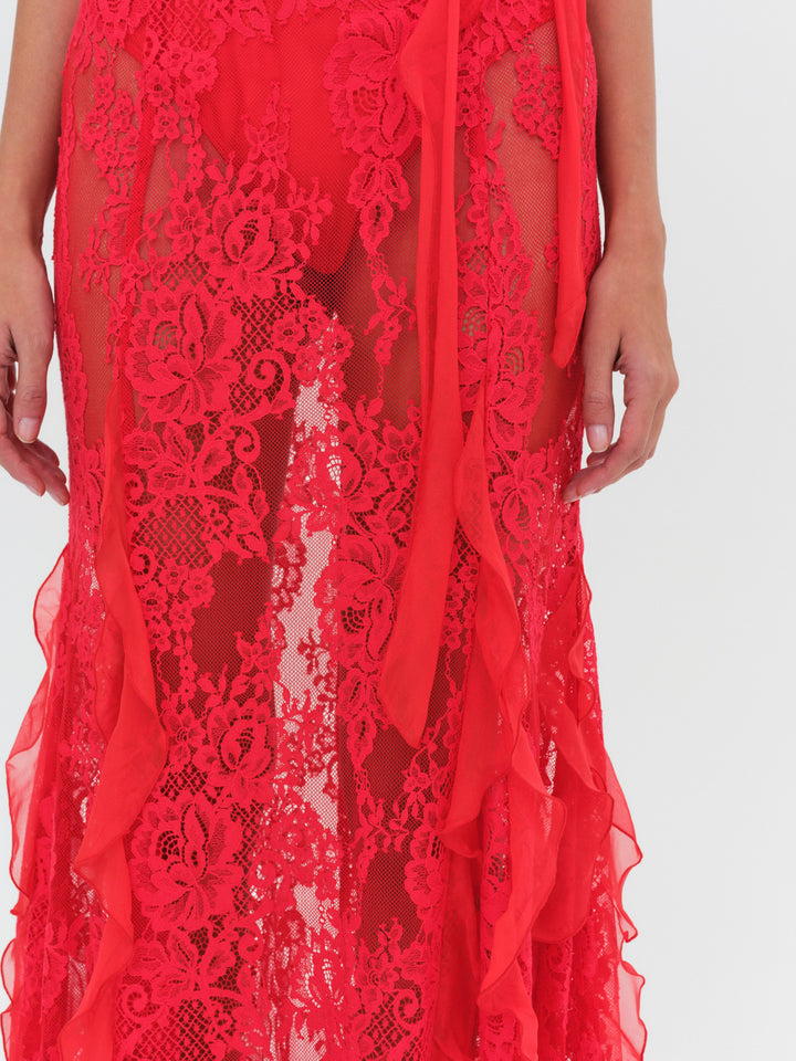 Floral Lace Bustier A Line Maxi Dress Red HV1787