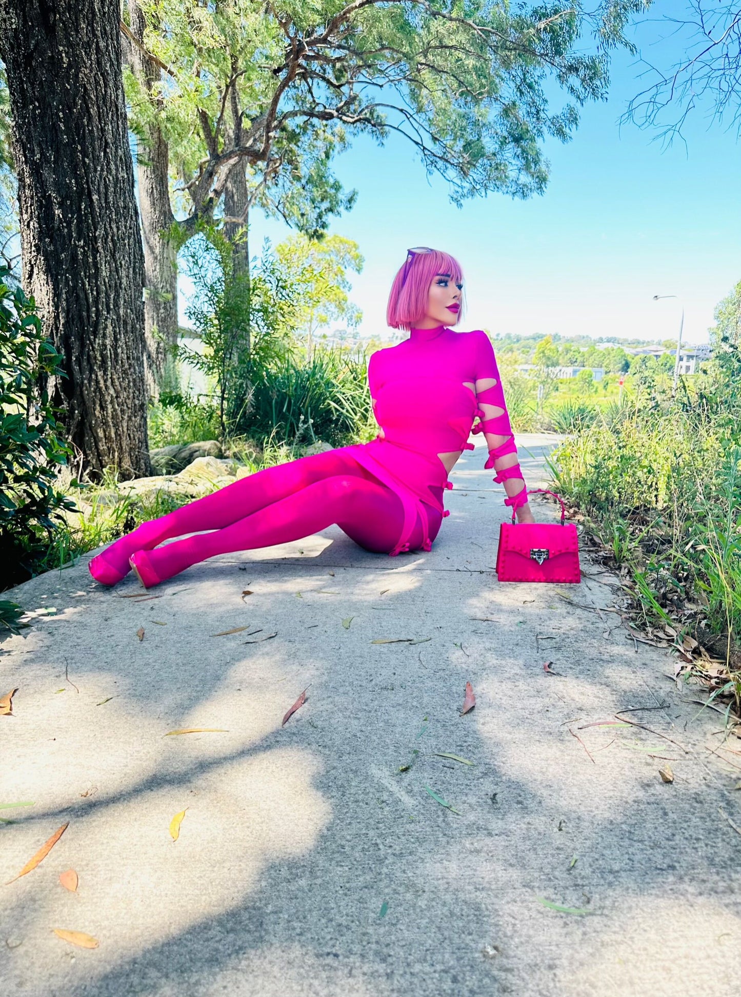 Long Sleeve Side Cut Out Dress Hot Pink HV9160