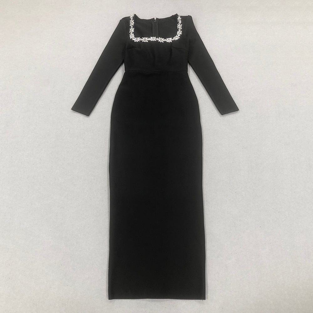 Long Sleeve Crystal Maxi Dress Black HV1807