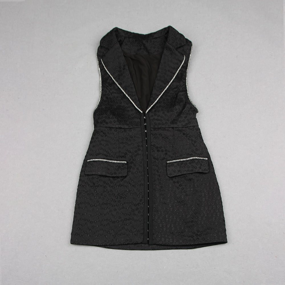 Long Sleeve Crystal Trim Blazer Dress Black HV9354