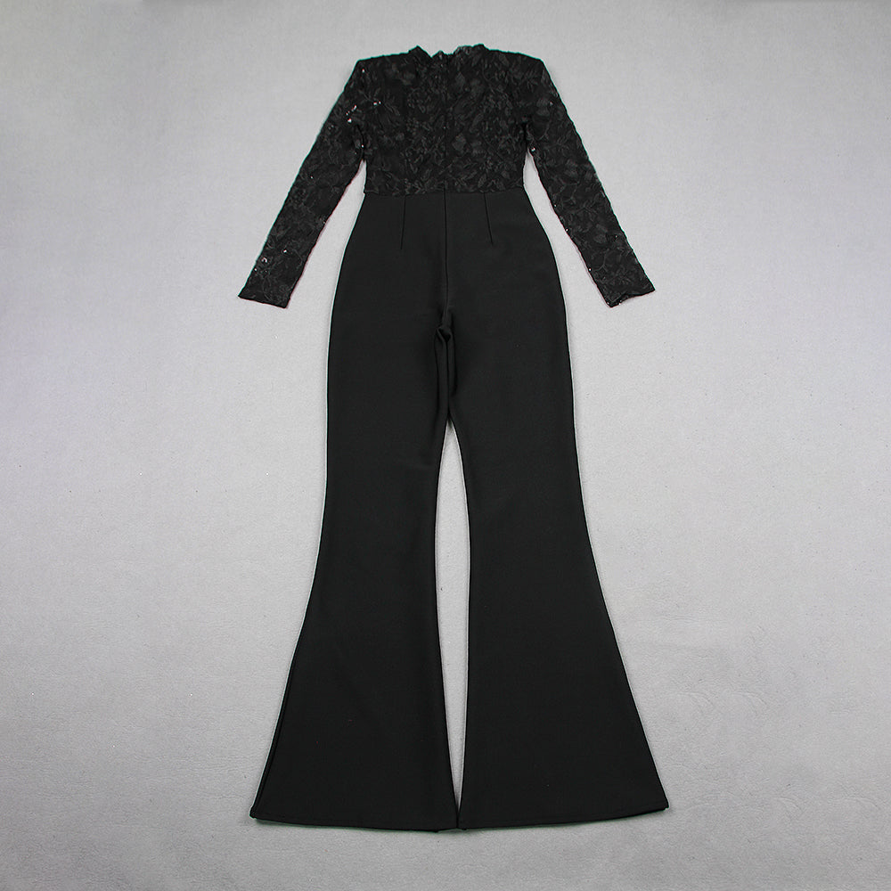 Long Sleeve Lace Sequin Jumpsuit Black HV1135