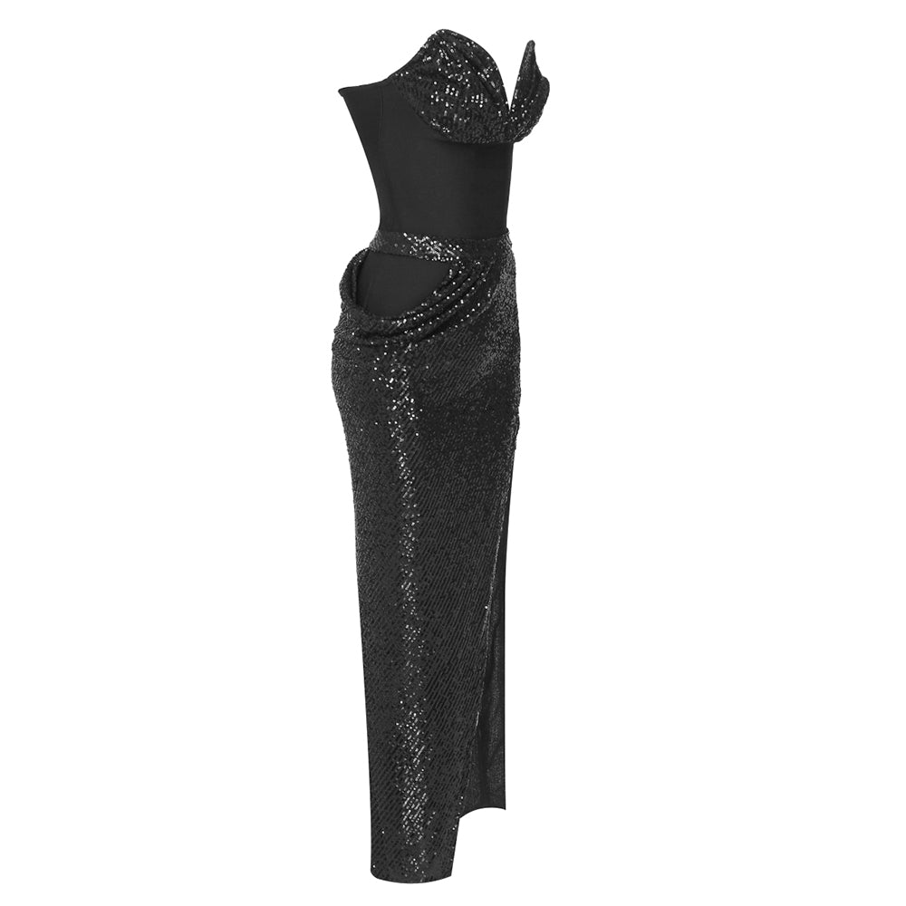 Strapless Sequin Two Piece Maxi Dress Black HV9217