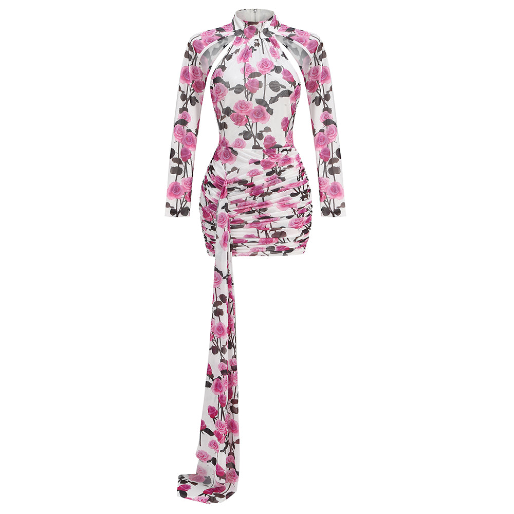 Long Sleeve Floral Backless Dress Pink HV1938
