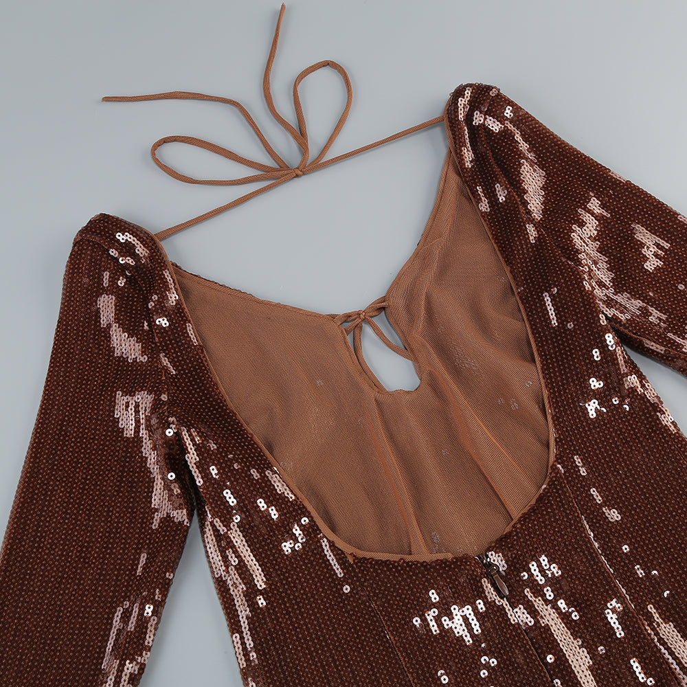 Long Sleeve Sequin Backless Dress Brown