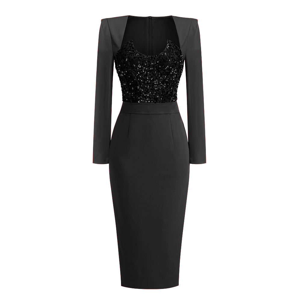 Long Sleeve Sequin Insert Midi Dress  HV1565