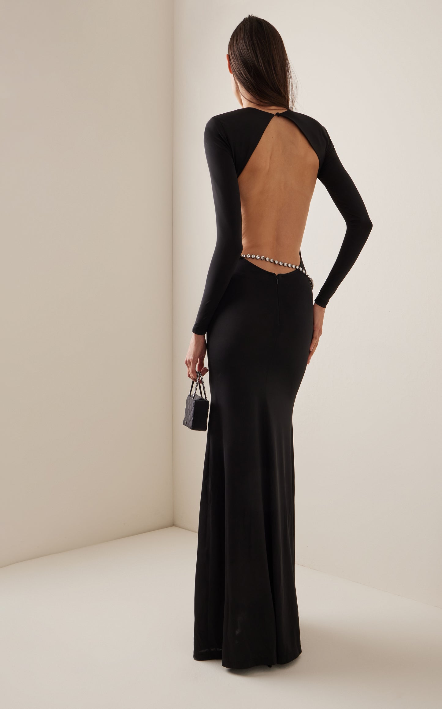 Long Sleeve Crystal Belt Maxi Dress Black HV9973
