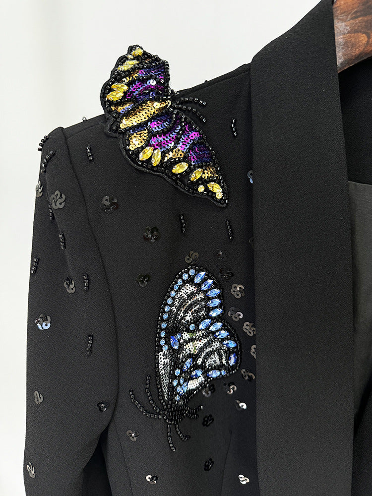 Long Sleeve Sequin Butterflies Suit Black