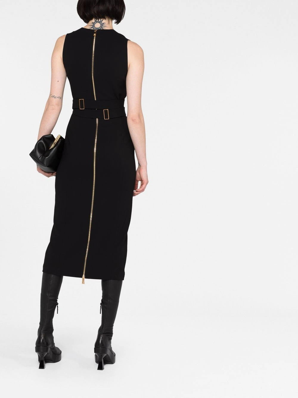 Plunge V Neck Belt Detail Midi Dress Black HV1220