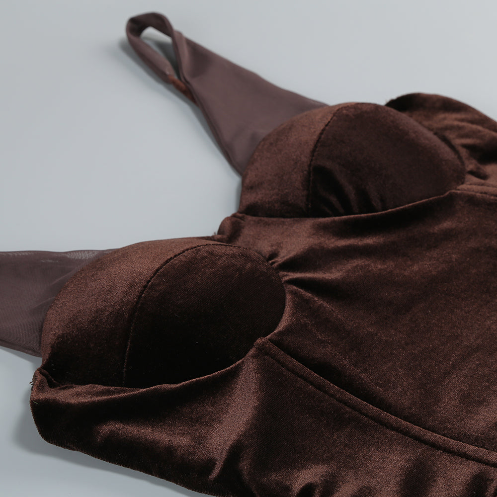 Velvet Bustier Draped Maxi Dress Brown HV2136
