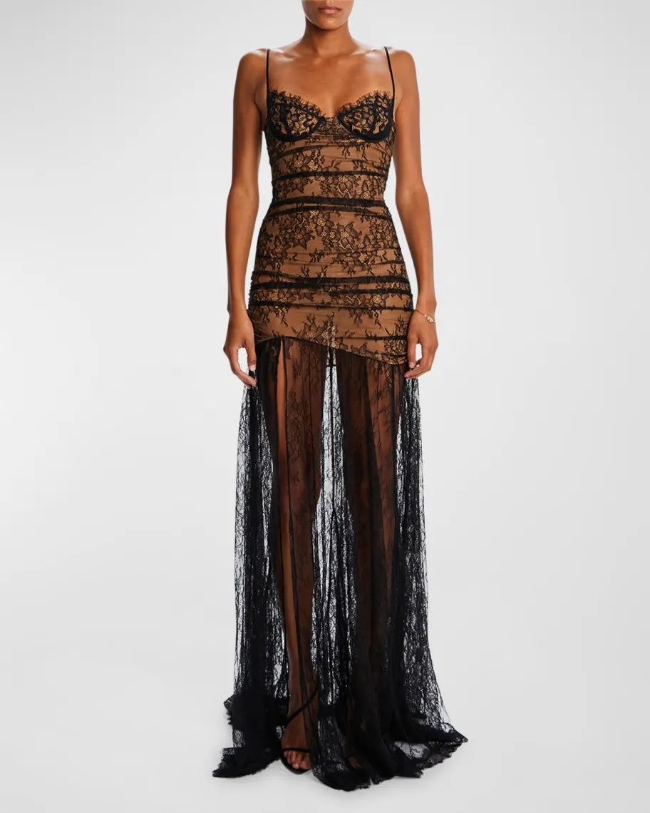 Lace Corset A Line Maxi Dress Black Nude HV1766