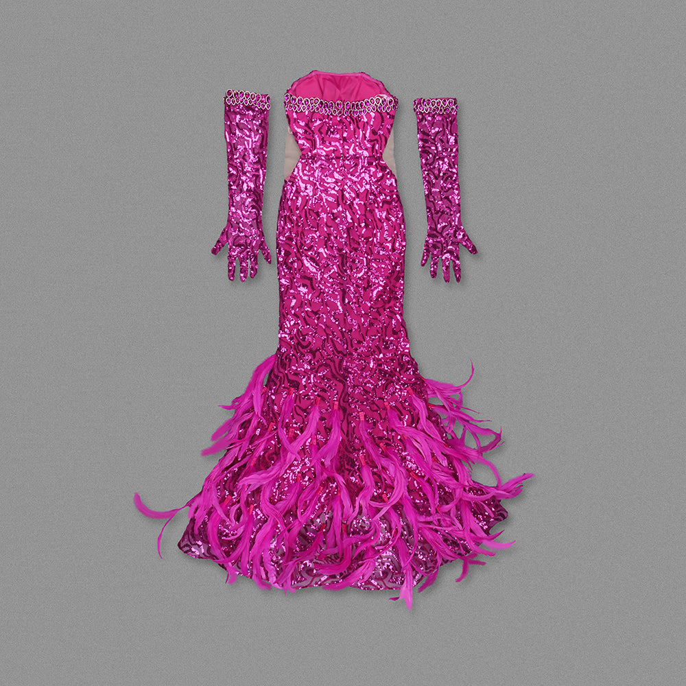 Strapless Sequin Feather Maxi Dress Hot Pink HV1553