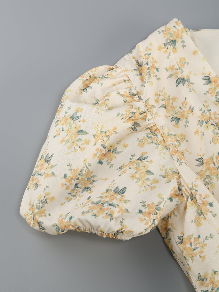 Short Sleeve Floral A Line Dress Yellow HV1205