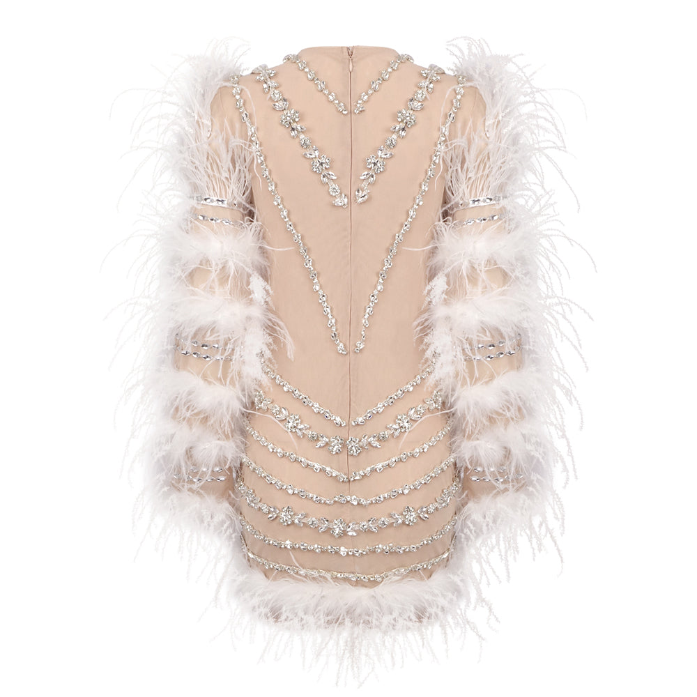 Feather Long Sleeve Crystal Dress Nude HV1694
