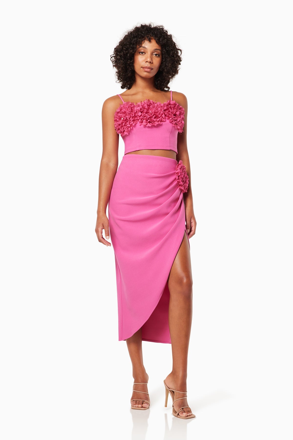 Flower Detail Two Piece Midi Dress Hot Pink