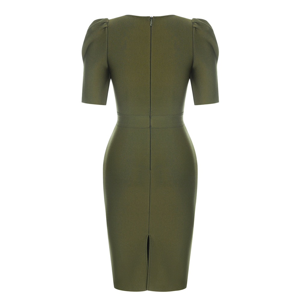 Puff Short Sleeve Button Dress Green HV9805
