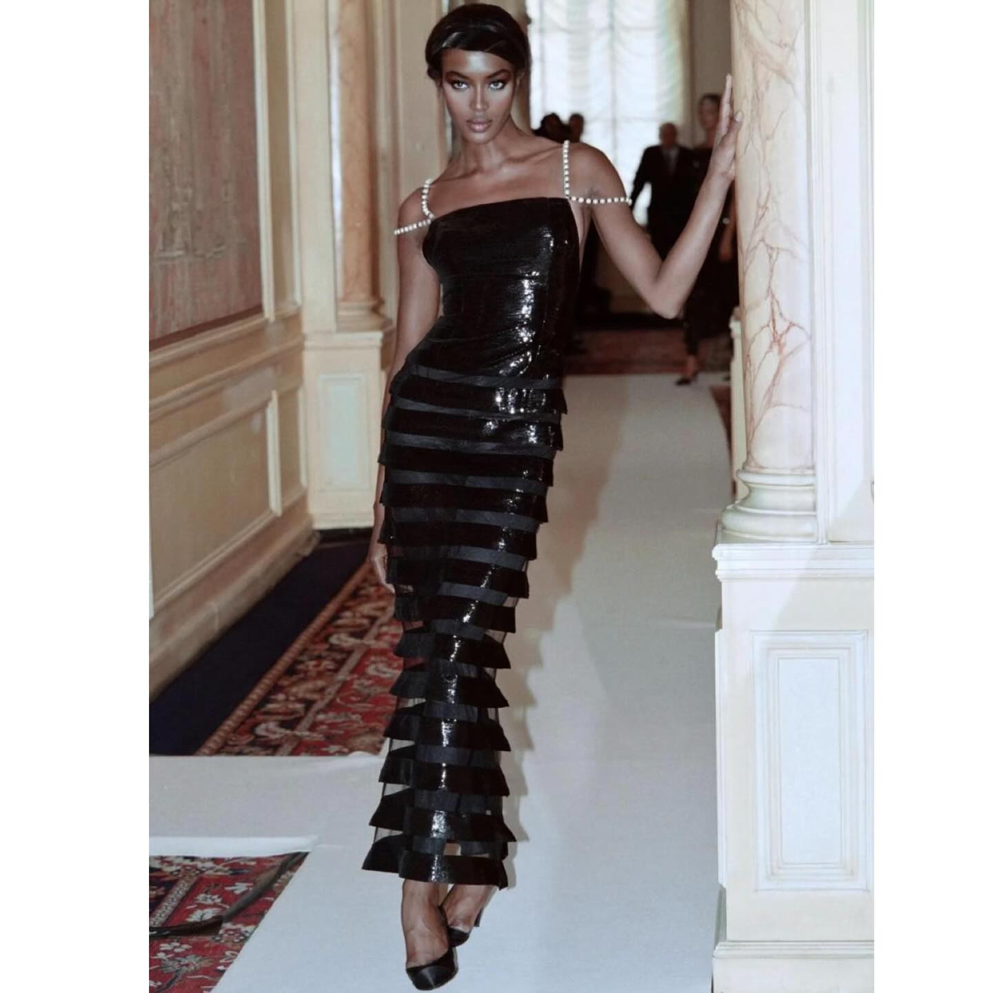 Pearl Straps Mesh Insert Sequin Maxi Dress Black HV1917