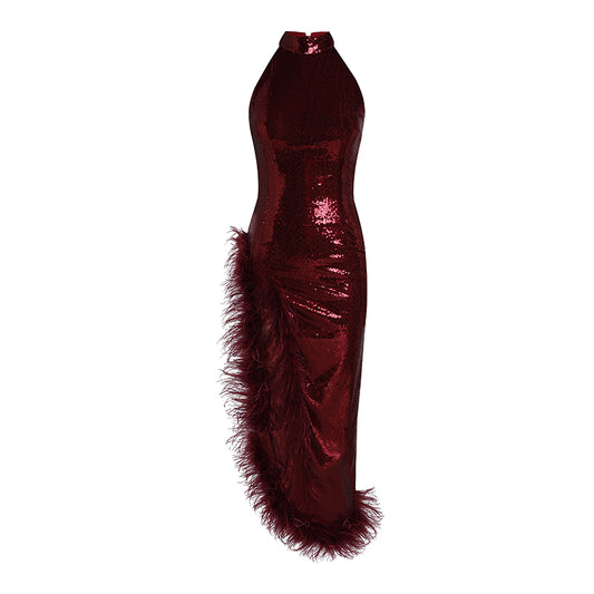 Halter Sequin Feather Maxi Dress Red