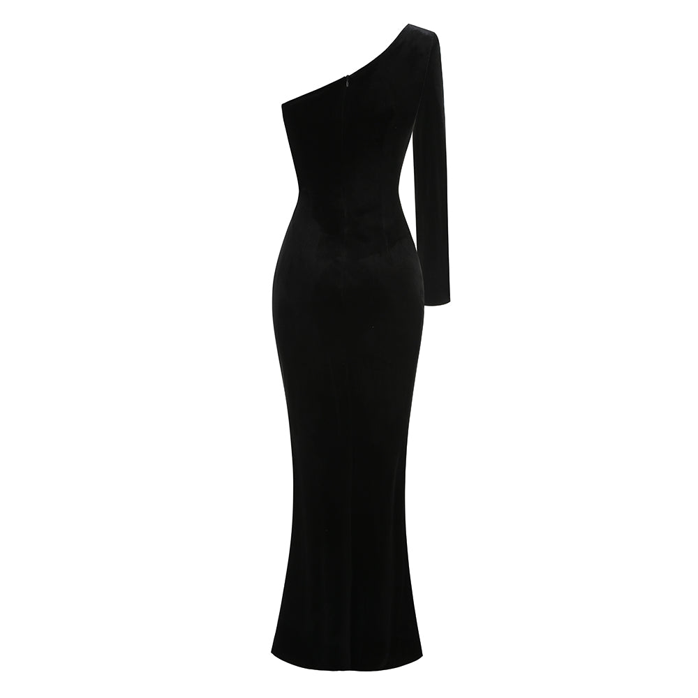 One Sleeve Pearl Floral Maxi Velvet Dress Black