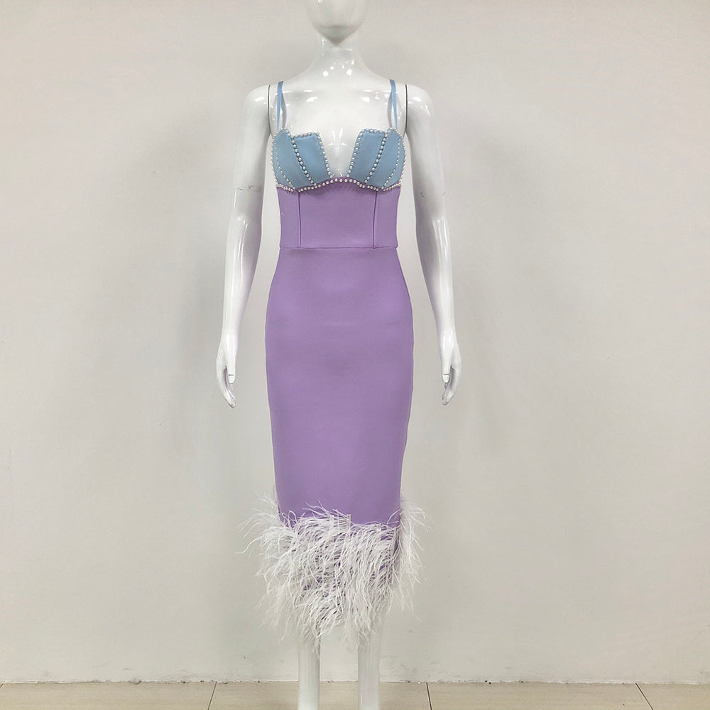 Pearl Bustier Feather Detail Midi Dress Purple HV1800