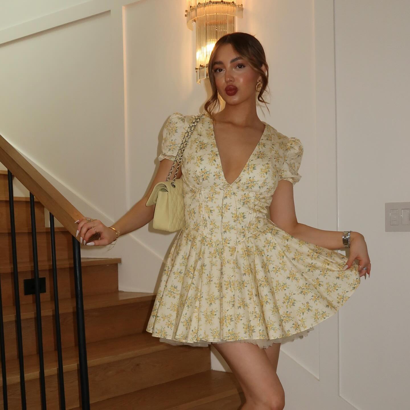 Short Sleeve Floral A Line Dress Yellow HV1205