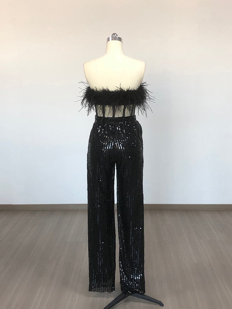 Strapless Feather Sequin Jumpsuit Black HV1549