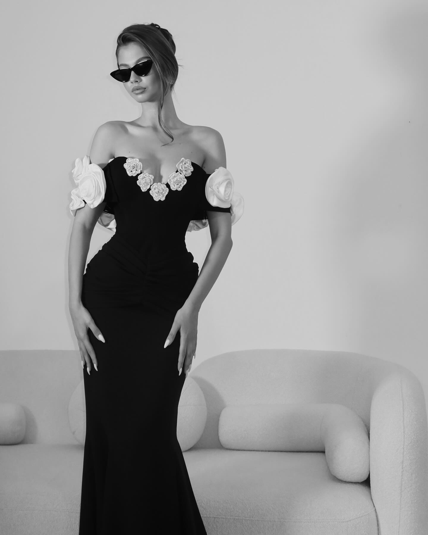 Floral Bardot Maxi Dress Black White HV1469