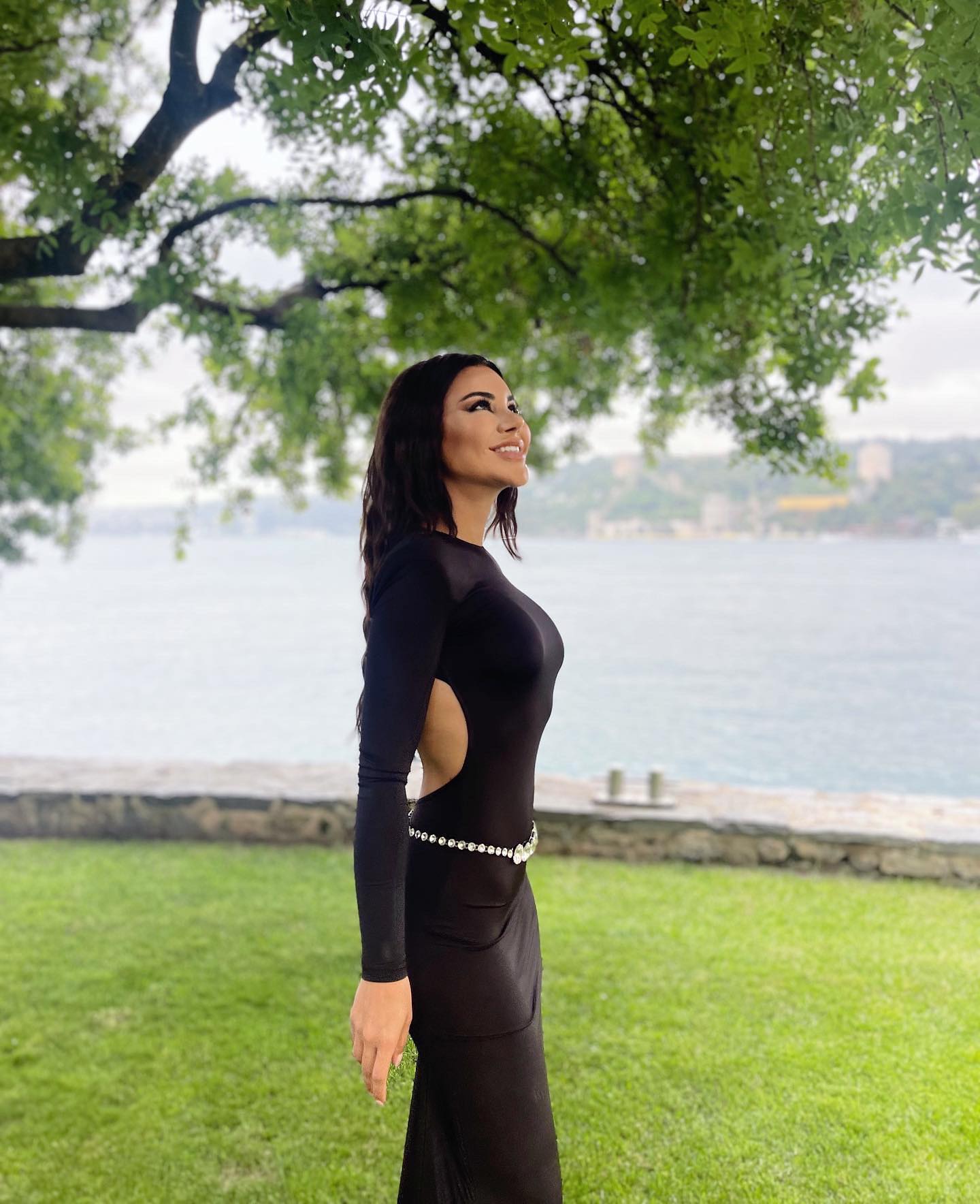 Long Sleeve Crystal Belt Maxi Dress Black HV9973