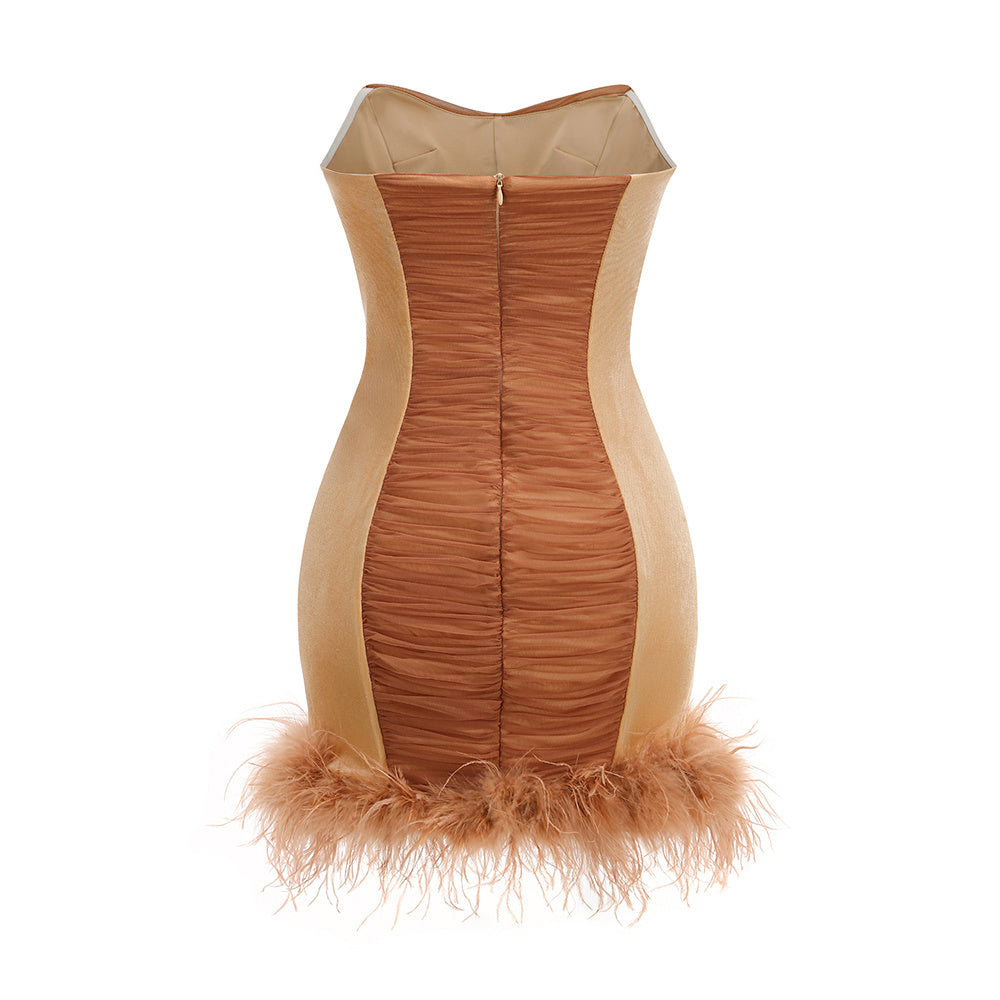 Strapless Crystal Draped Feathers Dress Brown HV2862