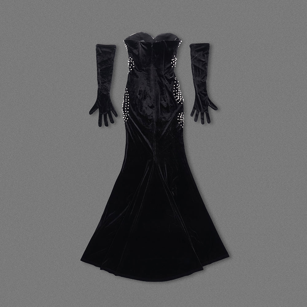 Strapless Crystal Mesh Maxi Velvet Dress Black HV1496